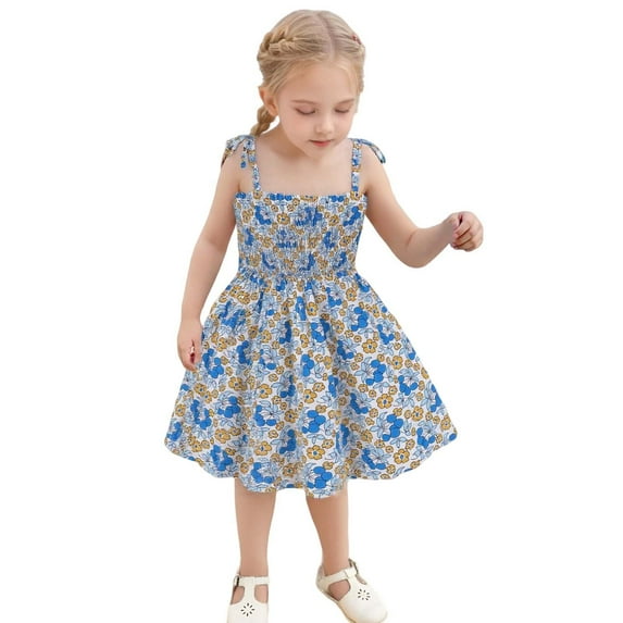 MEZZALL Baby Girls Floral Print Strappy Dress Lightweight Summer Sundress With Adjustable Ties For Beach & Casual Outfits, Blue, 4-5 Years
