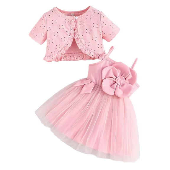 MEZZALL Baby Girls Floral Strappy Dress & Solid Color Cardigan 2PCS Set Princess Style Matching Outfits Sets For Toddler Leisure Baby Wear 9-12M