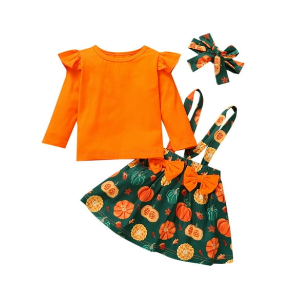 MEZZALL Baby Girls Halloween Ruffle Tops+Pumpkin Suspender Skirt+Hairband Outfits Soft Toddler Clothing