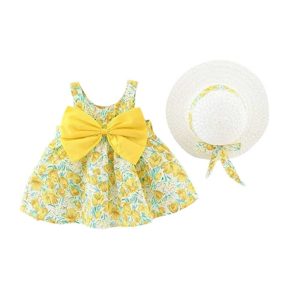 MEZZALL Baby Girls Kids Dresses Summer Toddler Floral Ruched Sleeveless Dress Sundress, Yellow, 1-2 Years