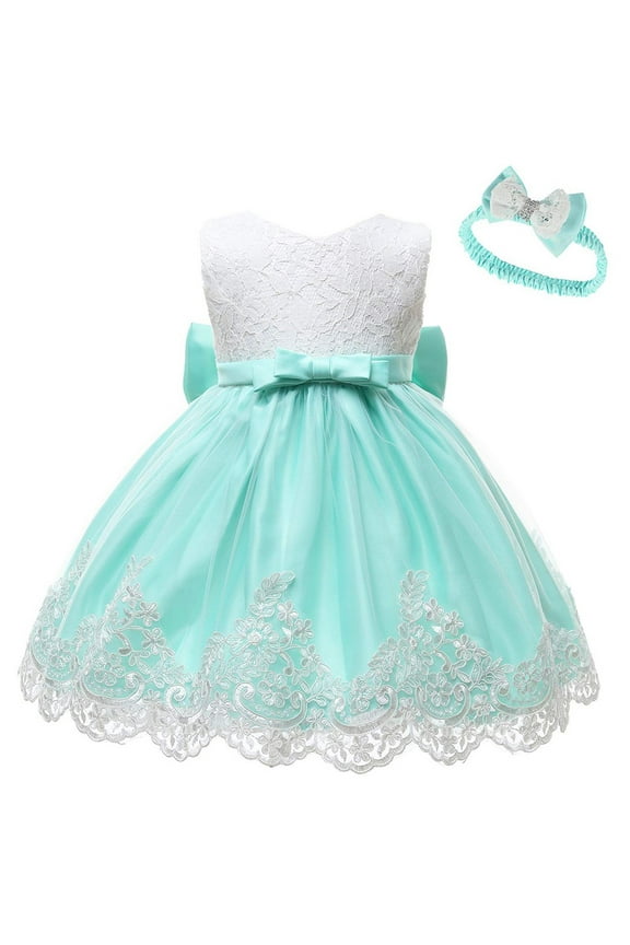 Baby Girls Lace Bowknot Princess Wedding Formal Tutu Dress+Headband Set Clothes Breathable Sundress, Green, 6-12 Months