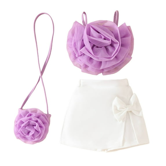 MEZZALL Baby Girls Mesh Floral Sleeveless Tops + Split Shorts & Mini Purse Set 3Pcs Summer Beach Sunset Outfit Relaxed Fit Toddler Baby Wear 3-4Y