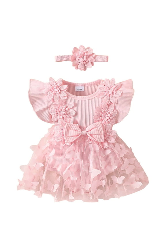 Baby Girls Mesh & Ribbed Crawling Suit With 3D Butterfly Applique Summer Fly Sleeve Romper For Infants Toddler Comfort Baby Wear 1-3M