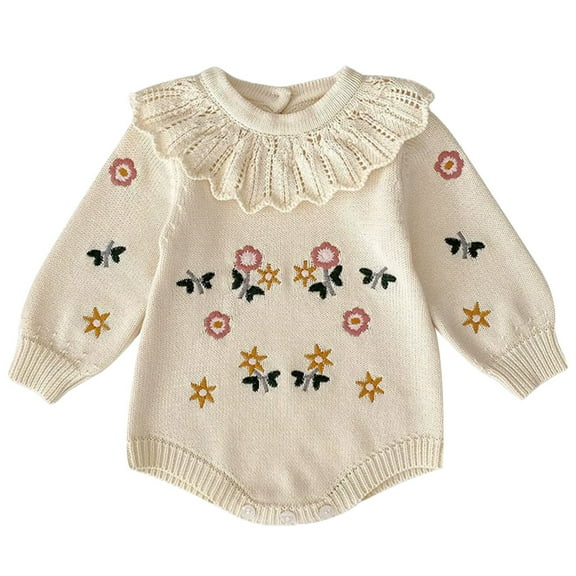 MEZZALL Baby Girls O-Neck Bodysuit Cartoon Onesies Long Sleeve Embroidered Knit Ruffle Neck Romper Soft Comfortable Outfits For Daily Wear Breathable Toddler Clothing
