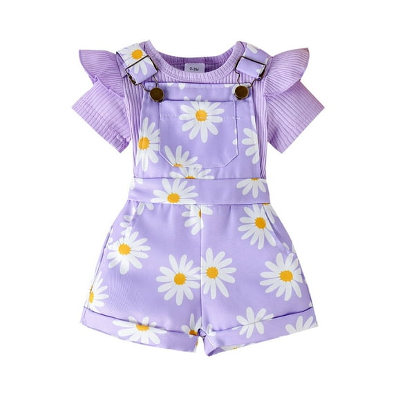 MEZZALL Baby Girls Solid Color Ribbed Bodysuit With Floral Print Overalls Outfits Sets For 0 18 Months Summer Outdoor Play 3-6 Months Classic Kids Wear