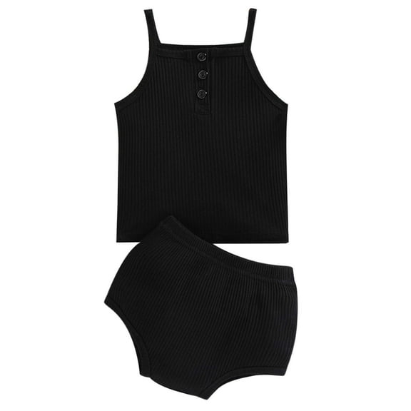 MEZZALL Baby Girls Spaghetti Solid Color Crop Tops Short Clothes Outfits Set Leisure Dailywear, Black, 6-12 Months