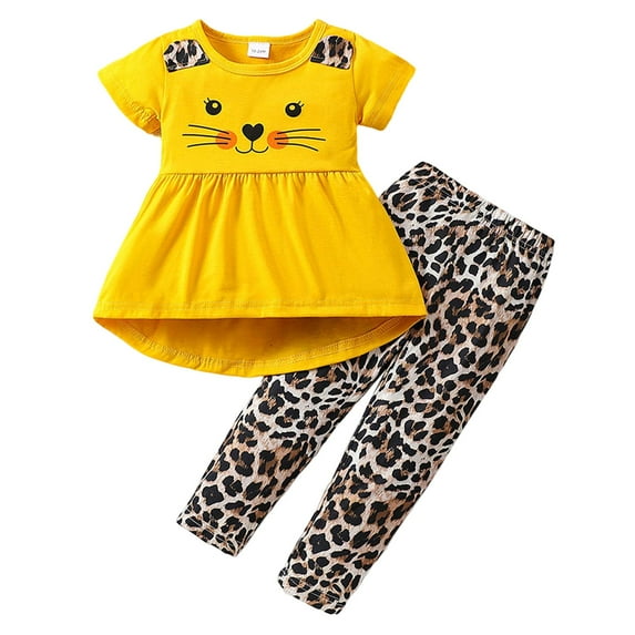 MEZZALL Baby Girls Summer 2PCS Outfits Cat Print Pullover With Leopard Pants & Asymmetrical Skirt Fashion Kids Clothing Set, Yellow, 4-5 Years
