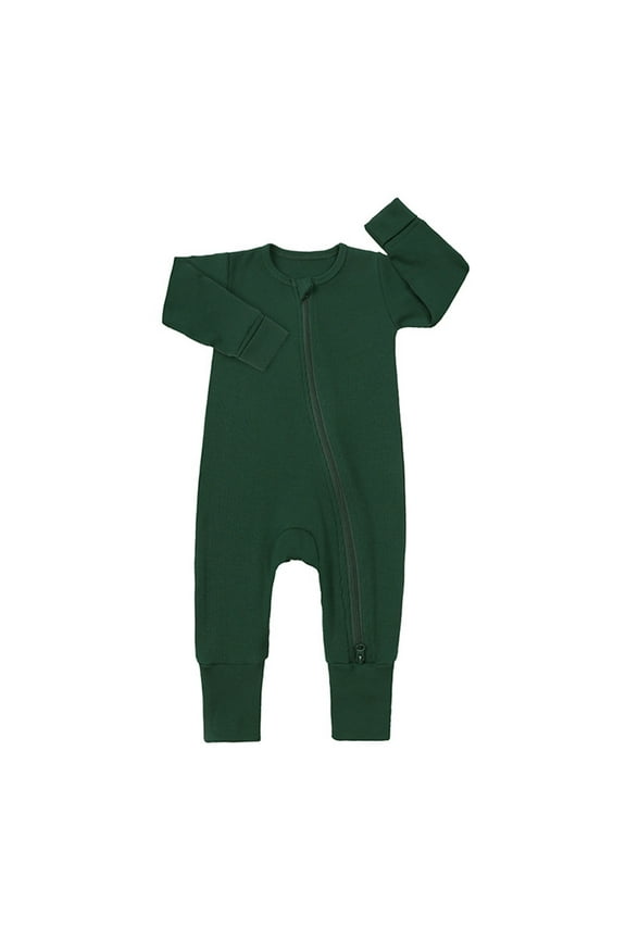 Baby Ribbed Pajamas Girls Boys Zipper Long Sleeve Romper Jumpsuit Trendy Loungewear, Dark Green, 0-3 Months