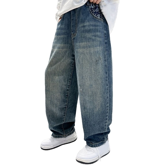 MEZZALL Baggy Jeans Boys Wide Leg Elastic Waist And Multiple Pockets Cargo Trousers Jeans Denim Pants For Children Fashionable Slacks