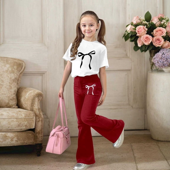 MEZZALL Bowknot Printed Girls Casual Outfits Flared Pants Short Sleeve T-Shirts Tops Comfy Two Piece Cartoon Playwear Toddler Fashionable Clothing Sets