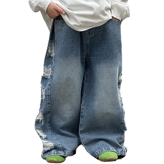 MEZZALL Boys Baggy Jeans Straight Leg Jeans With Pockets Elastic Waist Distressed Ripped Denim Pants With Holes Breathable Toddler Baby Wear 3-4Y