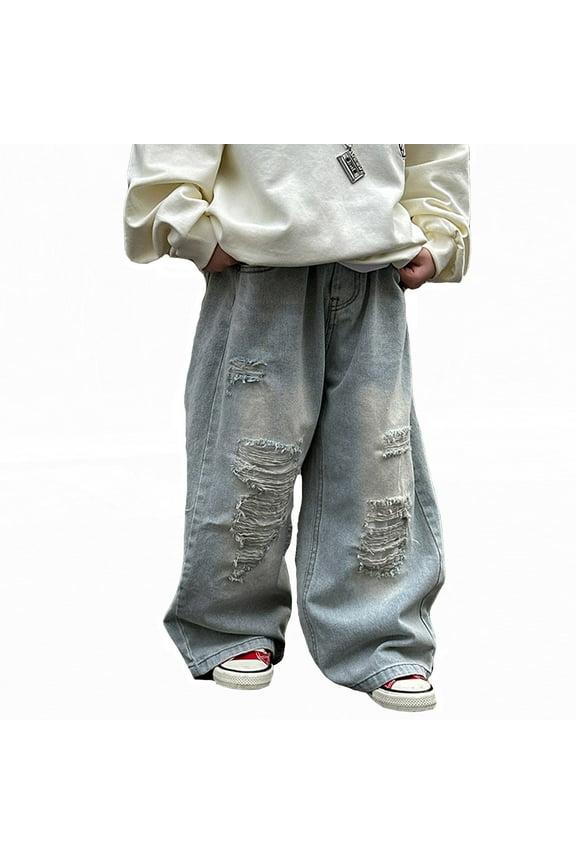 Boys Baggy Jeans Straight Leg Jeans With Pockets Elastic Waist Distressed Ripped Denim Pants With Holes Versatile Toddler Baby Wear 3-4Y
