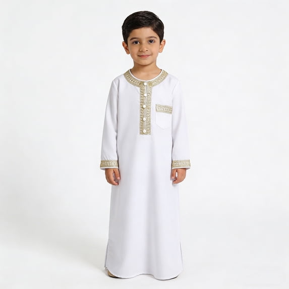 MEZZALL Boys Bodysuits Robe Abaya Thobe Traditional Ethnic Long Sleeve Embroidered Pocket Casual Jumpsuit Romper For Children Party Eid Celebration O-Neck Adorable Back To School Onesie