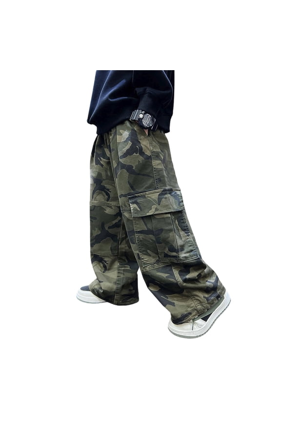 Boys Cargo Pants Camo Joggers Casual Straight Leg Loose Fit Workwear Trousers For Kids Youth Outdoor Adventure Solid Color Cozy Child Clothes