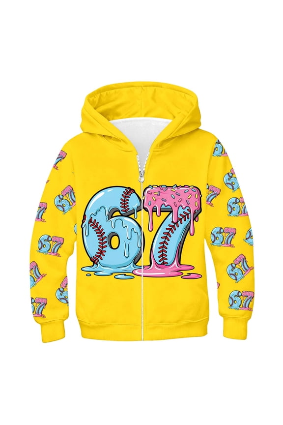 Boys Cartoon Number 67 Print Hooded Zip Up Jacket Long Sleeve Athletic Sweatshirt Outerwear Kids Adorable Tops Coats