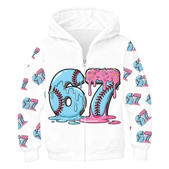 MEZZALL Boys Cartoon Number 67 Print Hooded Zip Up Jacket Long Sleeve Athletic Sweatshirt Outerwear Kids Breathable Tops Coats