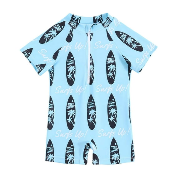 MEZZALL Boys Cartoon Zipper Front Swimsuit Vacation Hawaii Beachwear Short Sleeve & Shorts Swimwear For Toddler Kids Beach Pool, Sky Blue, 2-3 Years
