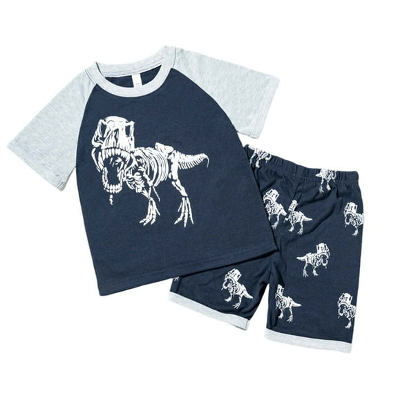 MEZZALL Boys Dinosaur Outfits Sets Glow In The Dark Print T-Shirt And Shorts 2PCS Summer Casual Play Clothes For Toddlers Comfortable Elastic Fabric 2-3 Years Stylish Baby Wear