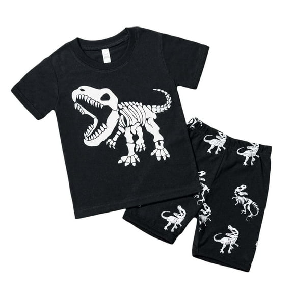 MEZZALL Boys Dinosaur Outfits Sets Glow In The Dark Print T-Shirt And Shorts 2PCS Summer Casual Play Clothes For Toddlers Comfortable Elastic Fabric 7-8 Years Classic Kids Wear