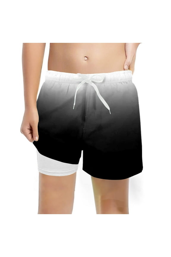 Boys Fashion Casual Swim Trunks Swimwear With Compression Liner Stretch Swim Shorts, Black, 5-6 Years
