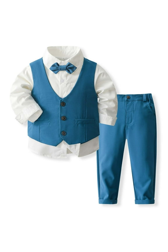 Boys Formal Outfits Set Shirt Vest Pants Bow Tie Suit For Kids Wedding Party Church Occasions Stylish Toddler Wear