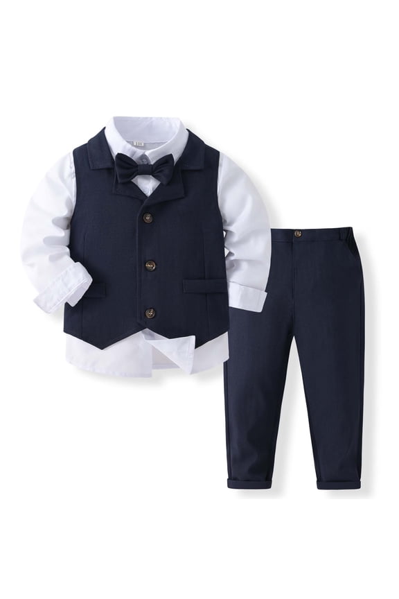 Boys Formal Outfits Sets Toddler To Kids Dress Shirt Vest Pants Bow Tie Suit For 18 Months To 7 Years Stylish Baby Wear