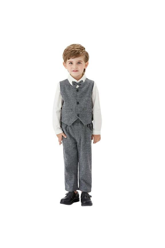 Boys Formal Suit Set Elegant Vest Bow Tie Long Sleeve Shirt And Pants Outfits For Toddler Kids Party Wedding Birthday Cartoon Clothing