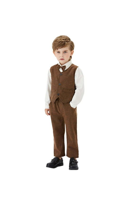Boys Formal Suit Set Elegant Vest Bow Tie Long Sleeve Shirt And Pants Outfits For Toddler Kids Party Wedding Fashionable Cartoon Clothing