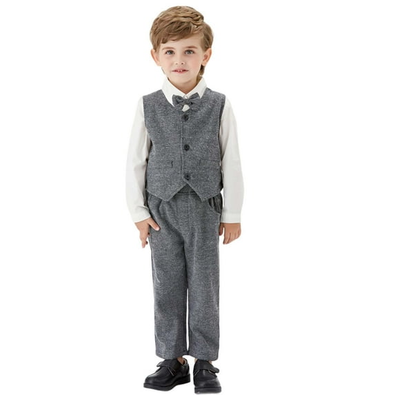 MEZZALL Boys Formal Suit Set Elegant Vest Bow Tie Long Sleeve Shirt And Pants Outfits For Toddler Kids Party Wedding Stylish Cartoon Clothing