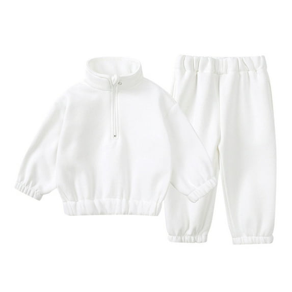 MEZZALL Boys Girls 2Pcs Thick Tracksuit Sweat Suit Outfits Kids Long Sleeve Quarter Zip Sweatshirt Half Stand Collar + Jogger Pants Set Classic Dailywear, White, 9-12 Months