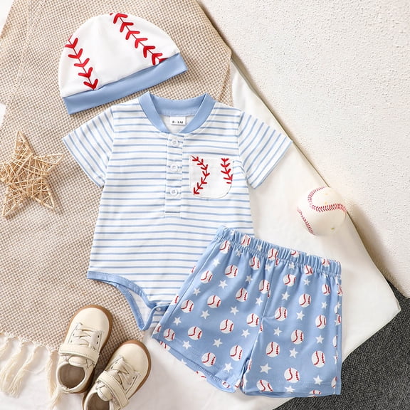 MEZZALL Boys Girls Short Sleeve Striped Baseball Prints Romper Bodysuit Shorts Hat Outfits Relaxed Fit Party Clothing Sets