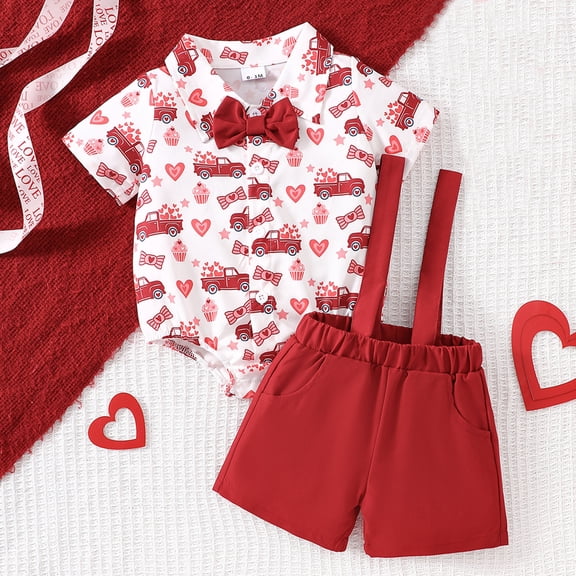 MEZZALL Boys Girls Short Sleeve Valentine's Day Heart Prints Romper Bodysuits Suspenders Shorts Outfits Versatile Clothing Sets