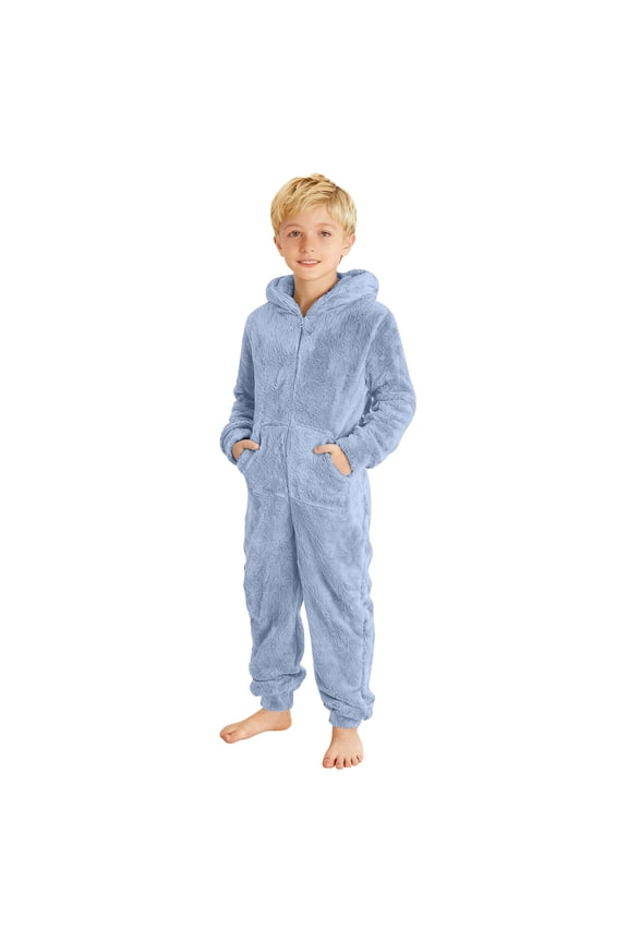 Boys Hooded Jumpsuit Winter Warm Soft Plush One-Pieces Long Sleeve Romper Solid Color With Pockets Toddler Kids Playwear Onesie