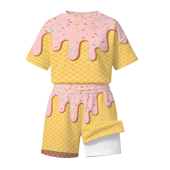 MEZZALL Boys Ice Cream Print 2 Piece Outfit Set, Chocolate Short Sleeve O-Neck T Shirt & Shorts Matching Set, Soft Lightweight Summer Casual Little Kids Toddler Boys Classic Clothes Sets