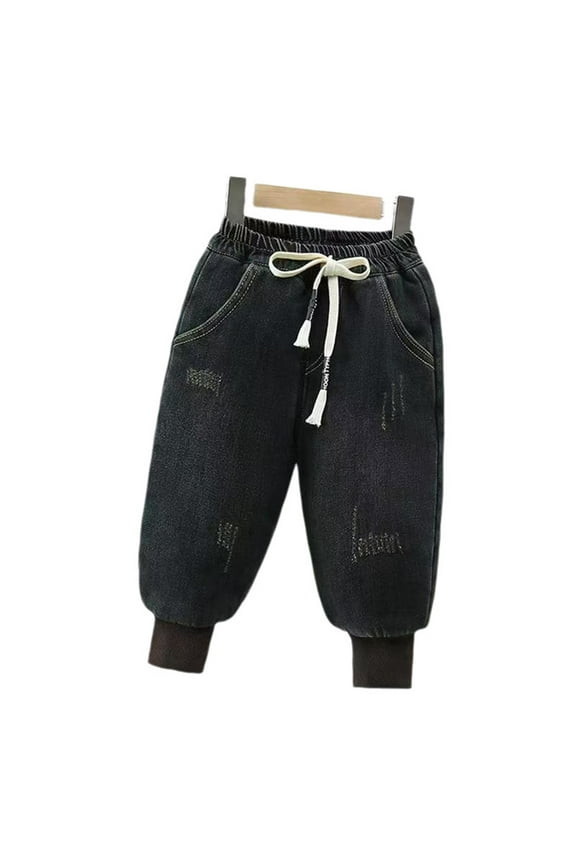 Boys Jeans Pants Winter Lined Warm Thickened Trousers With Elastic Kids Comfortable Casual Outdoor Play Breathable Toddler Cartoon Clothing