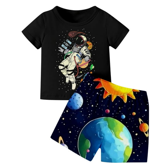 MEZZALL Boys Outfits Set Stylish Astronaut Printed Short Sleeve And Shorts Set For Age 2-12 Casual Comfortable Design For Children Comfort Toddler Wear