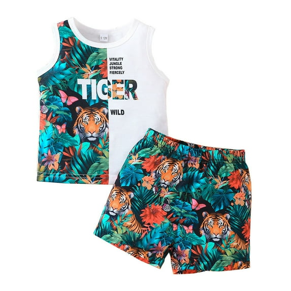 MEZZALL Boys Outfits Set Toddler Summer Clothes Animal Print Sleeveless Tops With Matching Shorts For Casual Play Photo Picnic Relaxed Fit Baby Wear