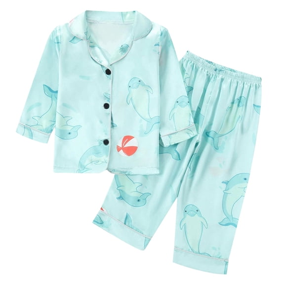 MEZZALL Boys Pajamas Sets Kids Soft Satin Cartoon Print Sleep Set Long Sleeve Lapel Button Tops Matching Full Length Pants Summer Loungewear Classic Sleepwear