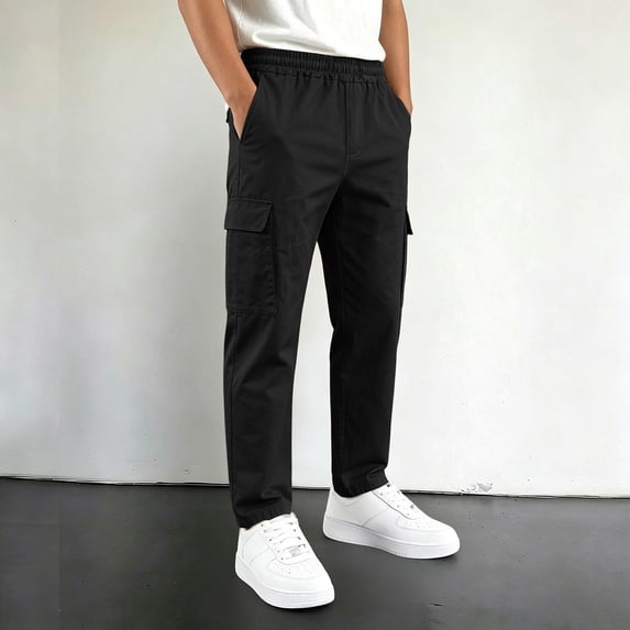 MEZZALL Boys Straight Cargo Pants Elastic Drawstring Waist Multi Utility Pockets Loose Fit Casual Outdoor Trousers, 13-14 Years