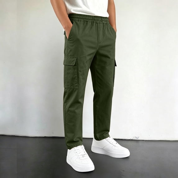 MEZZALL Boys Straight Cargo Pants Elastic Drawstring Waist Multi Utility Pockets Loose Fit Casual Outdoor Trousers, 15-16 Years