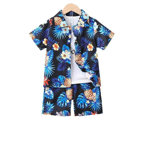 MEZZALL Boys Summer Beach Button Down Shirt & Shorts Set Breathable Patterned Outfits For Toddler And Kids, Blue, 3-4 Years