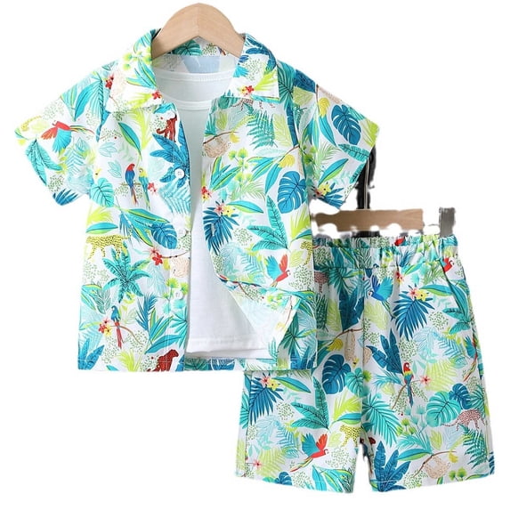 MEZZALL Boys Summer Beach Button Down Shirt & Shorts Set Breathable Patterned Outfits For Toddler And Kids, Mint Green, 6-7 Years