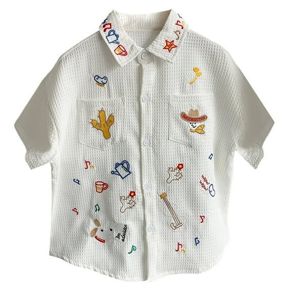 MEZZALL Boys Summer Casual Short Sleeve Shirt Cartoon Embroidery Tops Comfortable Breathable Tee For Kids Toddler Daily Wear Boho / 11-12 Years