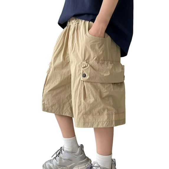 MEZZALL Boys Summer Fall Street Leisure Sports Pocket Drawstring Stretch Waist Solid Color Cargo Knee Length Pants Toddler Streetwear Fashionable / 8-9 Years