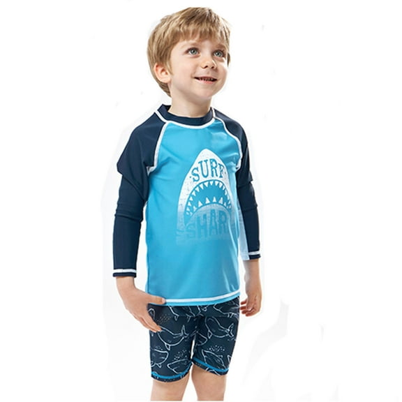MEZZALL Boys Swimsuit Vacation Hawaii Beachwear 2 Pieces Rash Guard Long Sleeve Shirts Shorts Sets Graphic Swim Shirt Outdoor Outfits, Blue, 6-7 Years