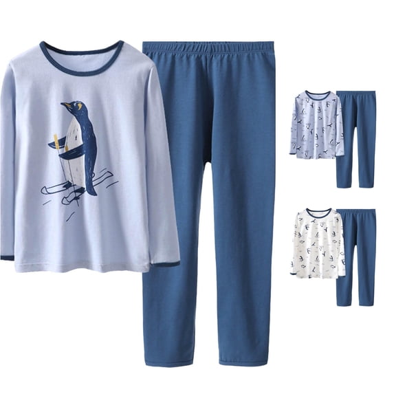 MEZZALL Boys Winter Thermal O-Neck Pajamas Sets With Cute Penguin Print Soft Stretch Long Sleeve Two Piece Sleepwear Kids Youth Cozy Home Loungewear Cozy Nightwear