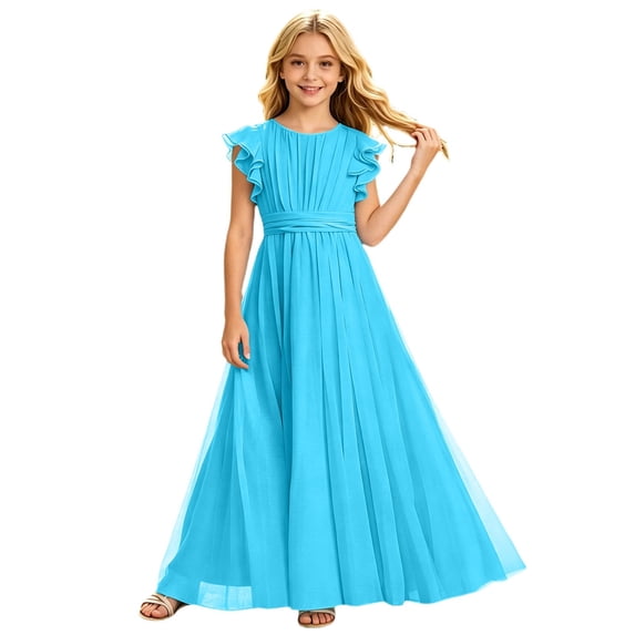 MEZZALL Chiffon Dress Girls Summer Party Wear Soft Flowy Toddler Formal Evening O-Neck Fly Sleeve Solid Color Boho Dresses