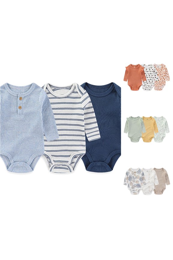 Child Autumn Baby Long Sleeved 3-Pack Ribbed Knit Bodysuits Jungle Giraffe Leaf Pattern Soft Layering Rompers Boho Onesies