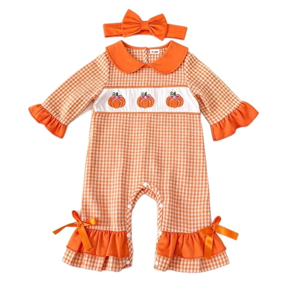 MEZZALL Child Baby Girl Romper With Orange Plaid Pumpkin Embroidery Long Sleeve Bodysuit And Hair Bowknot Fashionable Onesies