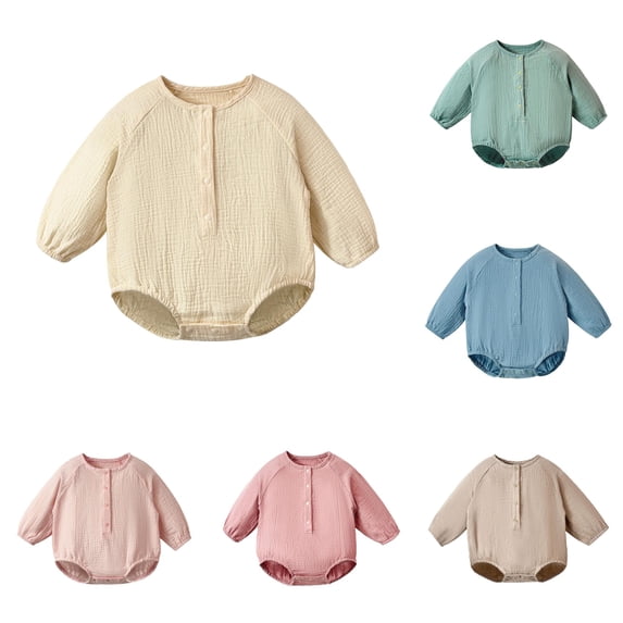 MEZZALL Child Boys Bodysuits Baby Long Sleeve Jumpsuit Sleepwear Summer Soft Breathable One-Piece Romper Solid Color Crew Neck Holiday Onesies
